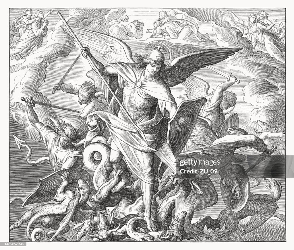 マイケルはドラゴンと戦う(黙示録12)、木版画、1860年出版