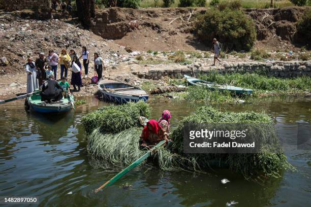 Two women work in transporting herbs that animals eat by boat on April 17, 2023 in Mallawi, Egypt. Egyptians of all faiths celebrate Sham el-Nassim,...