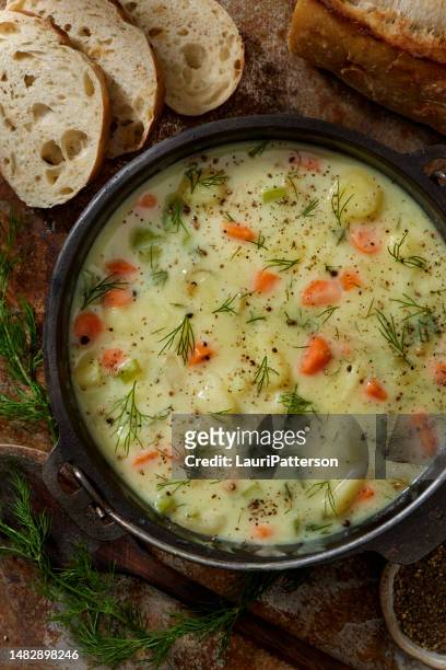 creamy polish dill and potato soup - dill stock pictures, royalty-free photos & images