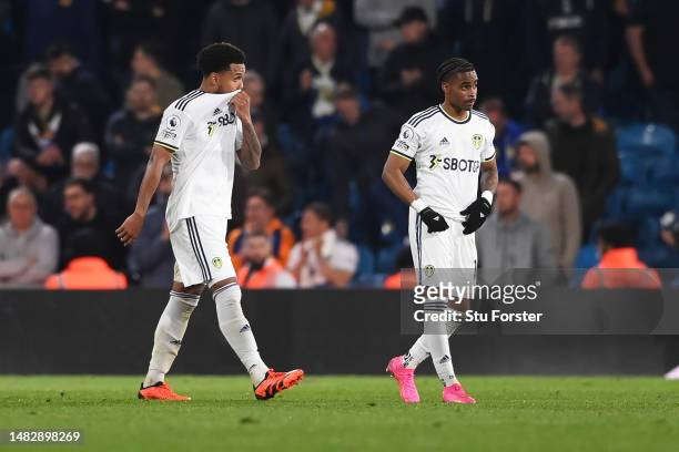 Weston McKennie and Crysencio Summerville of Leeds United react following a loss in the Premier League match between Leeds United and Liverpool FC at...