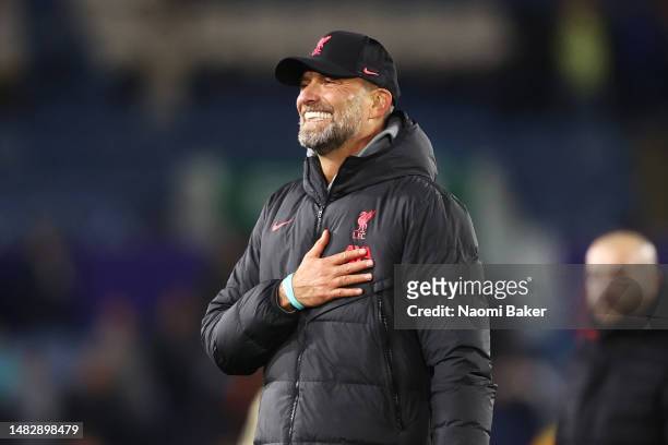 Juergen Klopp, Manager of Liverpool, celebrates victory following the Premier League match between Leeds United and Liverpool FC at Elland Road on...