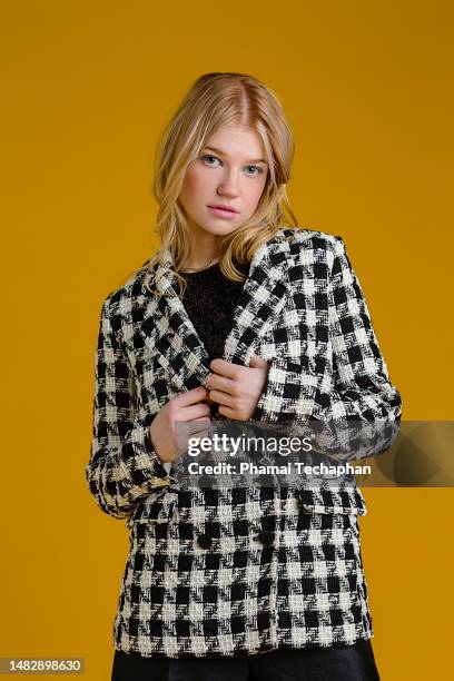 fashionable woman in suit - pata de gallo fotografías e imágenes de stock