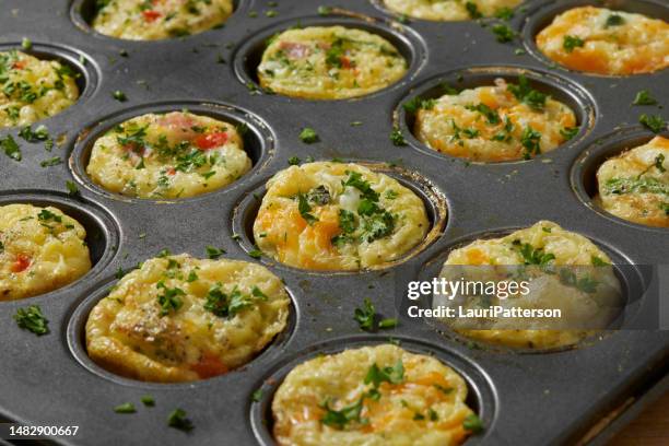 preparing copy cat mini egg bites - mini quiche stock pictures, royalty-free photos & images