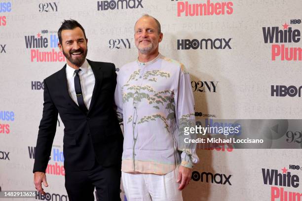 Justin Theroux and Woody Harrelson attend HBO's "White House Plumbers" New York Premiere at 92nd Street Y on April 17, 2023 in New York City.