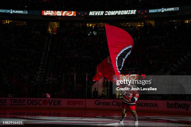 Carolina Hurricanes mascot Stormy is seen prior to Game One of the First Round of the 2023 Stanley Cup Playoffs against the New York Islanders at PNC...