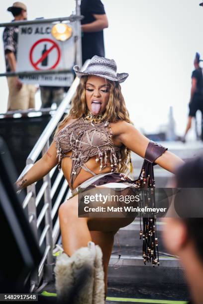 Latto poses for a portrait backstageat the Sahara tent during the 2023 Coachella Valley Music and Arts Festival on April 16, 2023 in Indio,...