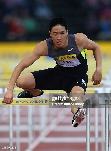 Liu Xiang of China in action in the 110m hurdles during day one of the Aviva London Grand Prix at Crystal Palace on July 13, 2012 in London, England.