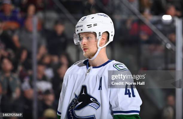 Elias Pettersson of the Vancouver Canucks looks up ice against the Arizona Coyotes at Mullett Arena on April 13, 2023 in Tempe, Arizona.