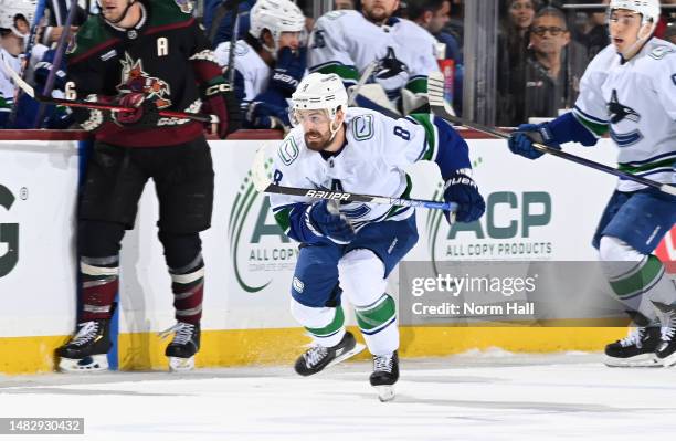 Conor Garland of the Vancouver Canucks skates up ice against the Arizona Coyotes at Mullett Arena on April 13, 2023 in Tempe, Arizona.