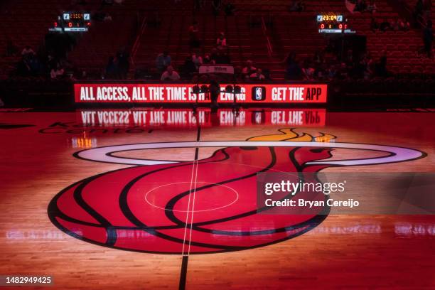 The Miami Heat center court before the start of the game between the Miami Heat and the Chicago Bulls at Kaseya Center on April 14, 2023 in Miami,...