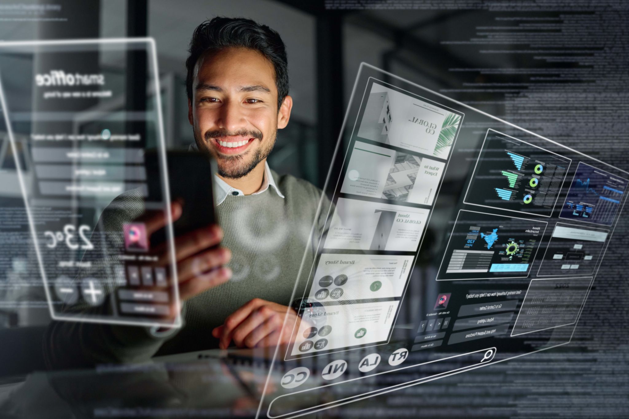 Phone, hologram or man on trading dashboard with a happy smile for financial investments or stocks online. Future overlay or trader with digital ui or ux on financial app for profit growth at night Phone, hologram or man on trading dashboard with a happy smile for financial investments or stocks online. Future overlay or trader with digital ui or ux on financial app for profit growth at night
