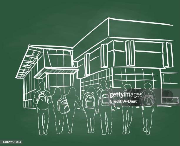 library building chalkboard with student - university building exterior stock illustrations