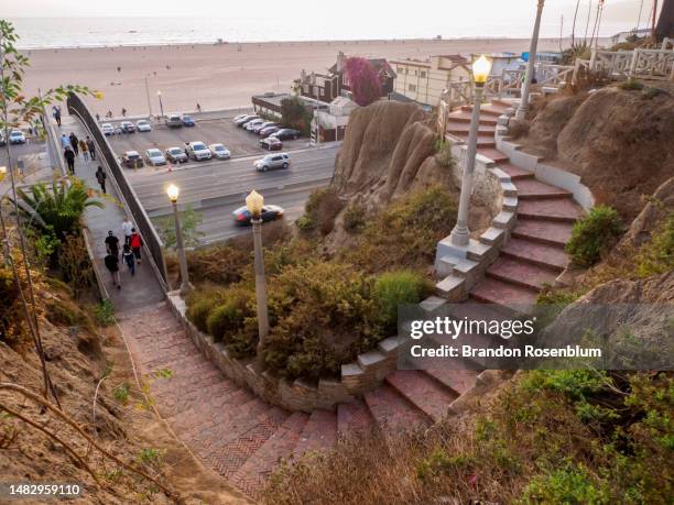 beach crossing staircase in santa monica, california - palisades park santa monica stock pictures, royalty-free photos & images