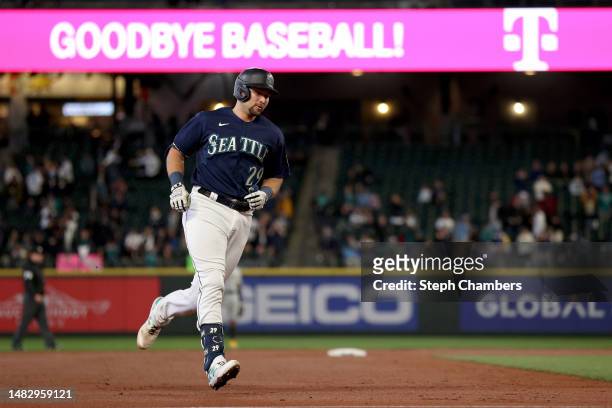 Cal Raleigh of the Seattle Mariners celebrates his home run during the second inning against the Milwaukee Brewers at T-Mobile Park on April 17, 2023...