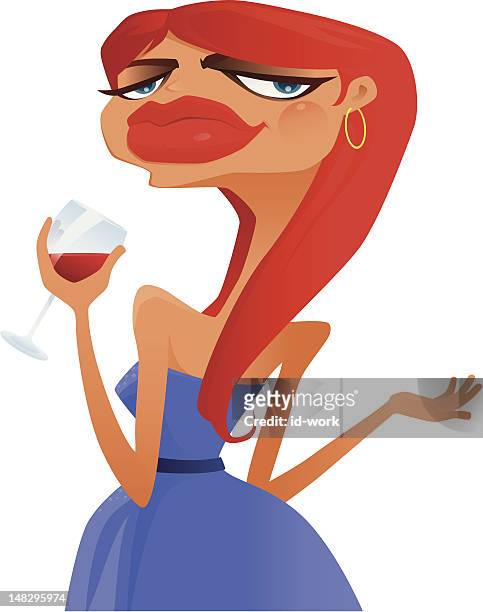 illustrazioni stock, clip art, cartoni animati e icone di tendenza di ragazza con vino rosso - rossetto rosso