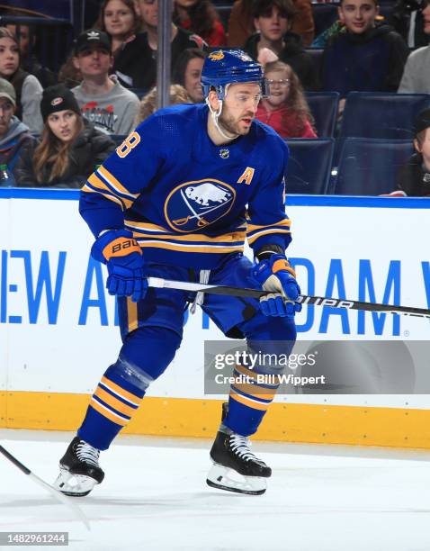 Zemgus Girgensons of the Buffalo Sabres skates during an NHL game against the Carolina Hurricanes on April 8, 2023 at KeyBank Center in Buffalo, New...