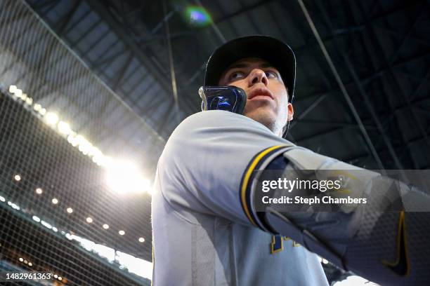Christian Yelich of the Milwaukee Brewers looks on during the first inning against the Seattle Mariners at T-Mobile Park on April 17, 2023 in...