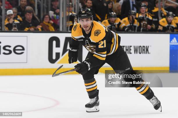 Garnet Hathaway of the Boston Bruins skates against the Florida Panthers in Game One of the First Round of the 2023 Stanley Cup Playoffs at TD Garden...