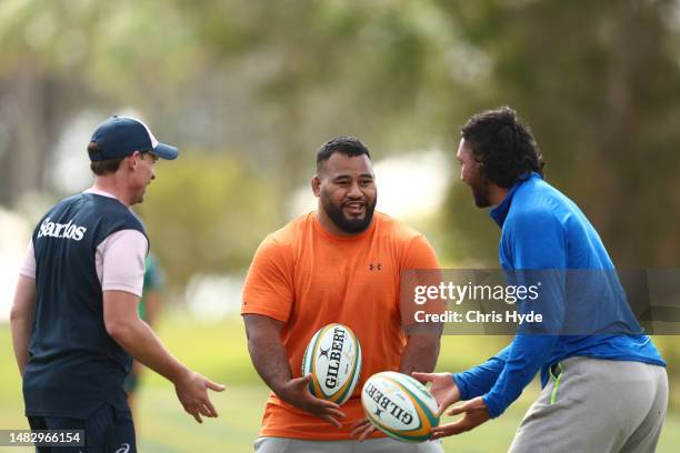 Taniela Tupou and Rob Leota during an Australia Wallabies training camp at Sanctuary Cove on April 18, 2023 in Gold Coast, Australia.