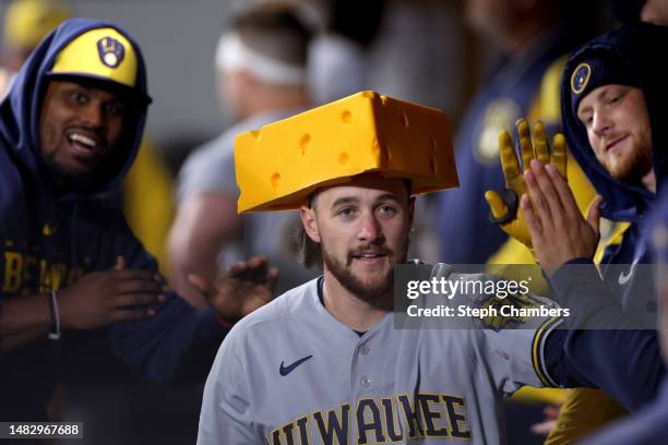 Brice Turang of the Milwaukee Brewers celebrates his home run against the Seattle Mariners during the seventh inning at T-Mobile Park on April 17,...