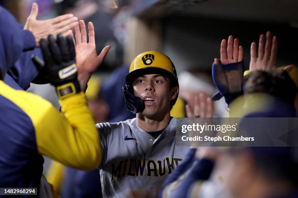 Christian Yelich of the Milwaukee Brewers celebrates a run during the seventh inning against the Seattle Mariners at T-Mobile Park on April 17, 2023...