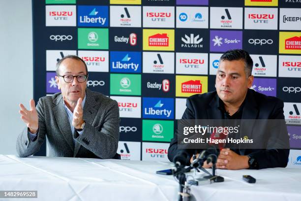 Phoenix Chairman Rob Morrison speaks to media while Newly appointed Head Coach Giancarlo Italiano looks on during a media opportunity announcing the...