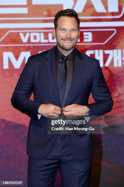 Actor Chris Pratt attends the press conference for "Guardians Of The Galaxy Vol.3" at the Conrad Hotel on April 18, 2023 in Seoul, South Korea. The...