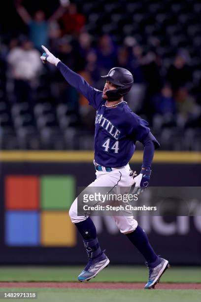 Julio Rodriguez of the Seattle Mariners celebrates his home run during the eighth inning against the Milwaukee Brewers at T-Mobile Park on April 17,...