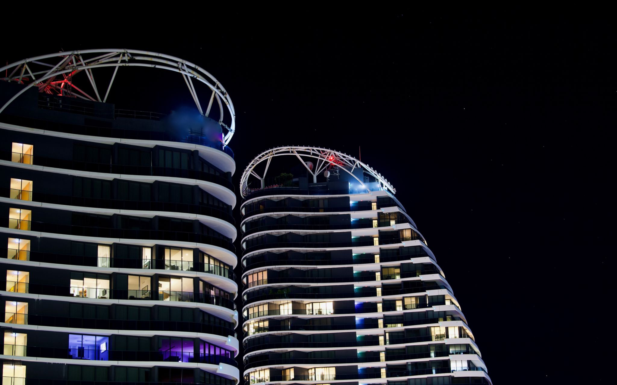 Mico star trails in the sky and towers in night view, Broadbeach, Gold Coast Mico star trails in the sky and towers in night view, Broadbeach, Gold Coast