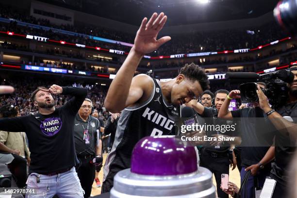 Malik Monk of the Sacramento Kings "lights the beam" after the Kings beat the Golden State Warriors in Game Two of the Western Conference First Round...