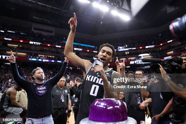 Malik Monk of the Sacramento Kings "lights the beam" after the Kings beat the Golden State Warriors in Game Two of the Western Conference First Round...