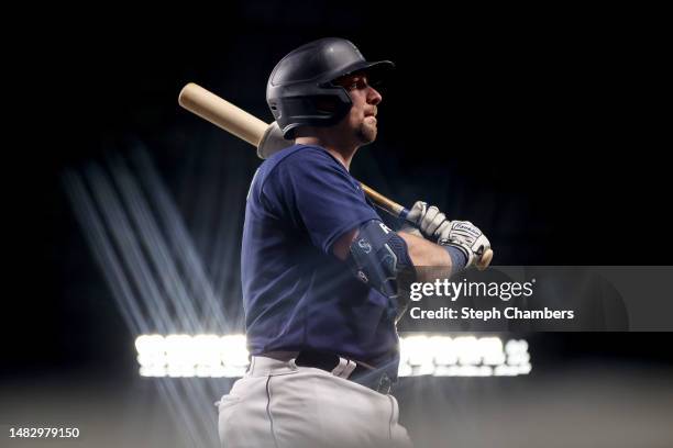 Cal Raleigh of the Seattle Mariners stands on deck during the sixth inning against the Milwaukee Brewers at T-Mobile Park on April 17, 2023 in...