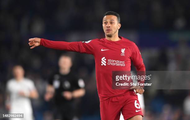 Liverpool player Thiago Alcantara in action during the Premier League match between Leeds United and Liverpool FC at Elland Road on April 17, 2023 in...