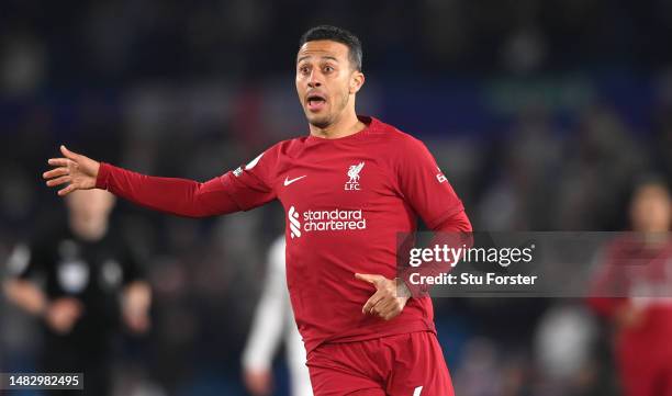 Liverpool player Thiago Alcantara in action during the Premier League match between Leeds United and Liverpool FC at Elland Road on April 17, 2023 in...