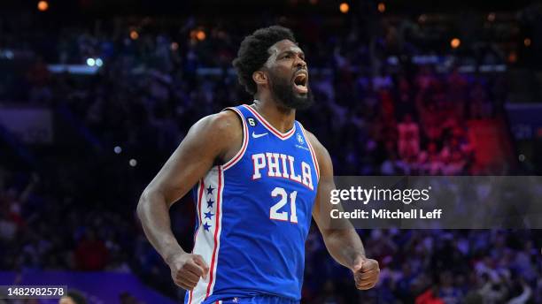 Joel Embiid of the Philadelphia 76ers reacts against the Brooklyn Nets during Game Two of the Eastern Conference First Round Playoffs at the Wells...