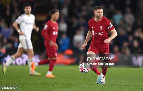 Liverpool player James Milner in action during the Premier League match between Leeds United and Liverpool FC at Elland Road on April 17, 2023 in...