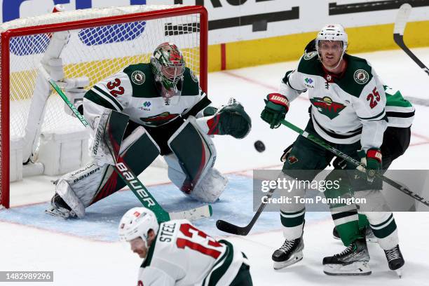 Filip Gustavsson of the Minnesota Wild blocks a shot on goal against the Dallas Stars in the second overtime period in Game One of the First Round of...