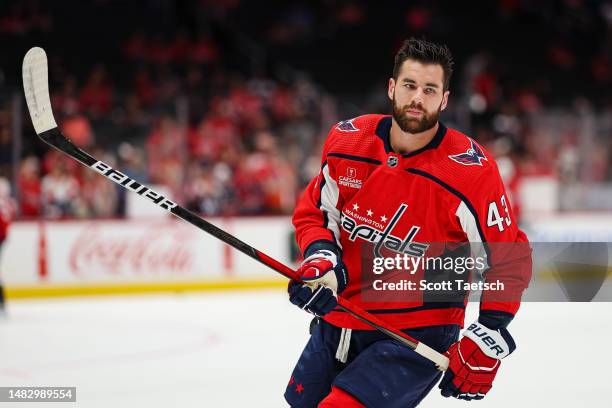 Tom Wilson of the Washington Capitals skates before the game against the New Jersey Devils at Capital One Arena on April 13, 2023 in Washington, DC.