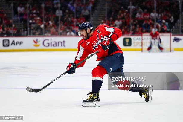 Alex Ovechkin of the Washington Capitals shoots the puck against the New Jersey Devils during the second period of the game at Capital One Arena on...