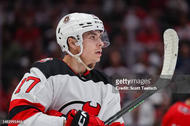 Yegor Sharangovich of the New Jersey Devils looks on against the Washington Capitals during the second period of the game at Capital One Arena on...