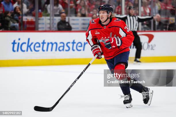 Rasmus Sandin of the Washington Capitals in action against the New Jersey Devils during the first period of the game at Capital One Arena on April...