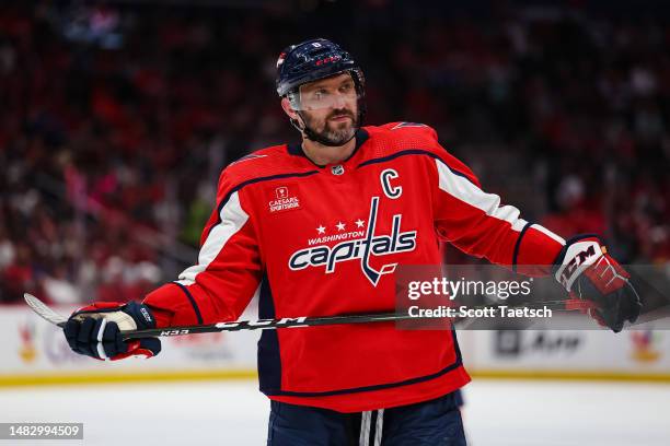 Alex Ovechkin of the Washington Capitals looks on against the New Jersey Devils during the second period of the game at Capital One Arena on April...