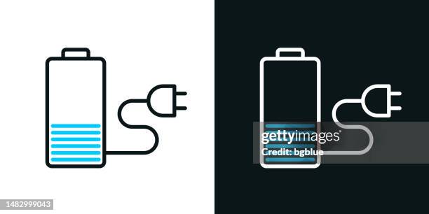 battery charging. bicolor line icon on black or white background - editable stroke - black plug socket stock illustrations