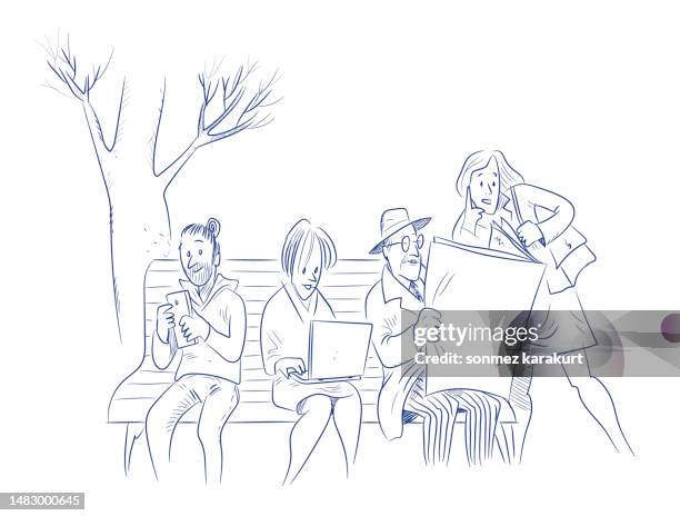 people sitting on bench reading both print and digital newspaper - media relations stock illustrations