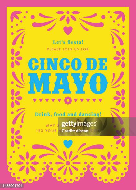 ilustraciones, imágenes clip art, dibujos animados e iconos de stock de fiesta del cinco de mayo. invitación a la fiesta con elementos florales y decorativos. - cinco de mayo
