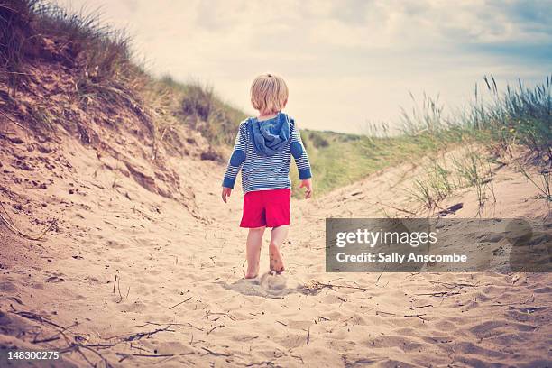 child walking on beach - boy barefoot rear view stock-fotos und bilder