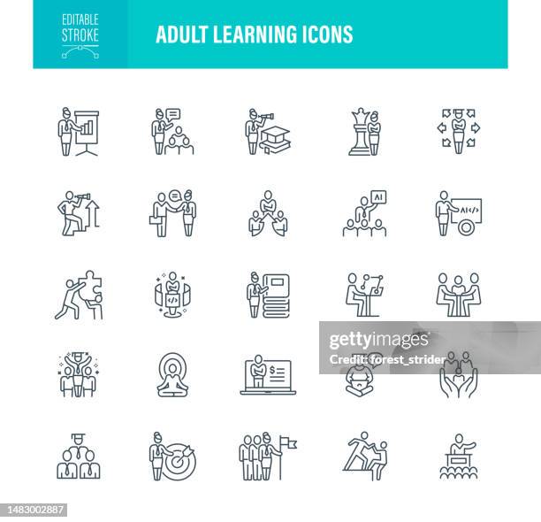 ilustrações, clipart, desenhos animados e ícones de ícones de aprendizagem de adultos traçado editável - aluno mais velho