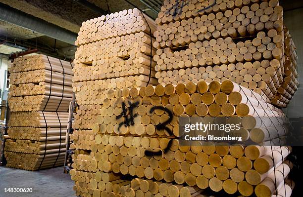 Wooden billets sit waiting to be carved into baseball bats at the Louisville Slugger Museum and Factory in Louisville, Kentucky, U.S., on Friday,...