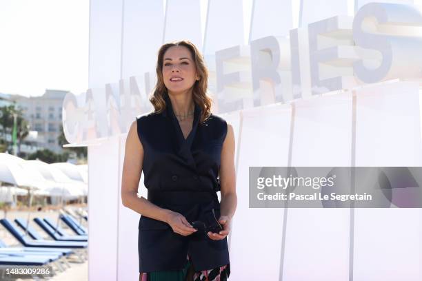 Jury Member, Mélissa Theuriau poses at the Jury Competition Series Documentaries photocall during the 6th Canneseries International Festival : Day...