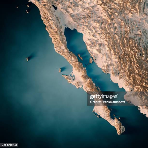 baja california topographic map 3d render dark ocean neutral - baja california stock pictures, royalty-free photos & images